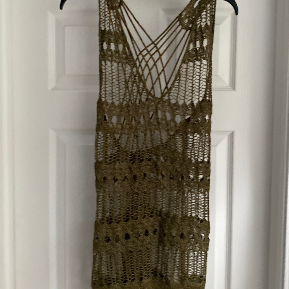 Crocheted knit tunic olive, with gold threads, intricate weave beautiful!